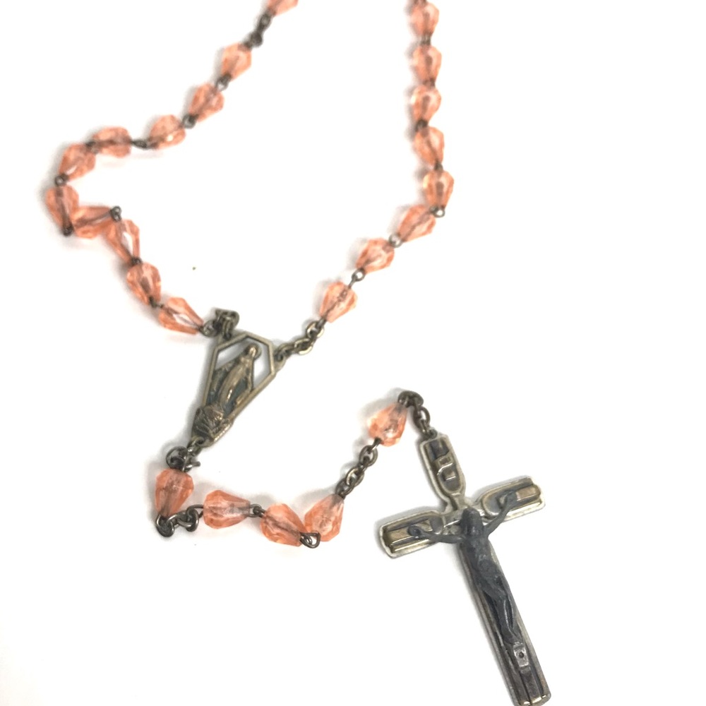 Vintage Rosary Pink Beaded Cross Prayer Necklace